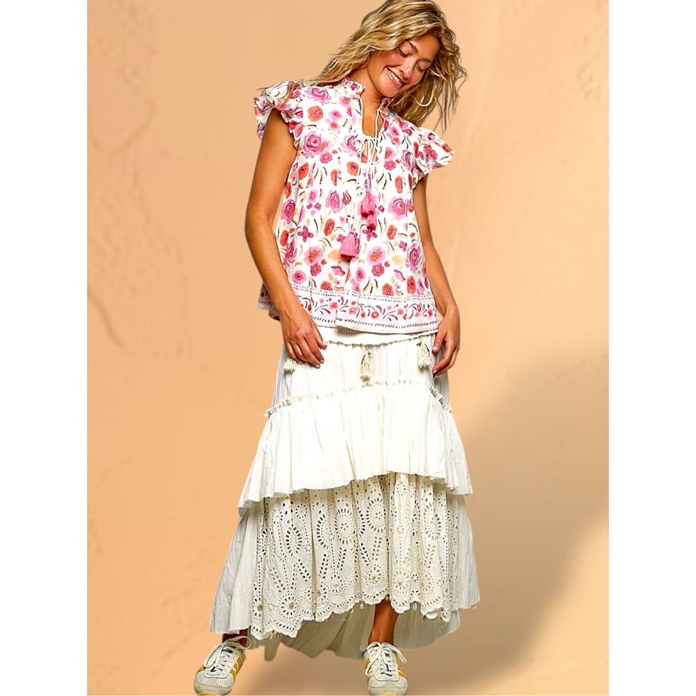 POL Floral Tassel Tie Flutter Sleeve Boho Cotton Blouse Pink Floral NEW - Picture 2 of 7
